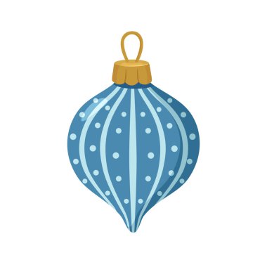 Dikey çizgileri ve noktalı süslemeleri olan mavi bir ampul şekilli Noel ve yeni yıl süsü. Zarif kıvrımlı şekli ve modern düz stili, mevsimsel sanat eserleri, kış grafikleri, tebrik kartları ve şenlikli markalaşma için uygun hale getiriyor..