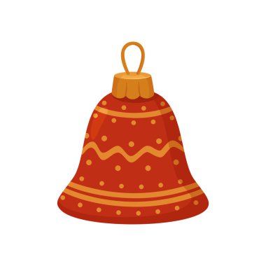 Kırmızı çan şeklinde bir Noel ve yeni yıl süsü dalgalı çizgiler, çizgiler ve noktalı altın elementlerle süslenmiş. Sıcak festival tasarımı tatil grafikleri, kış süslemeleri, tebrik kartları ve mevsimlik markalar için idealdir..