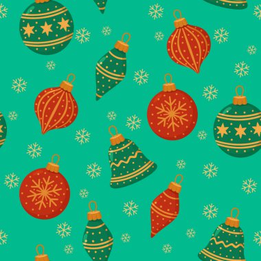Parlak turkuaz arka planda kar taneleriyle düzenlenmiş yeşil ve kırmızı Noel süslemeleri içeren kusursuz bir şenlik deseni. Bu illüstrasyon tatil tasarımları, mevsimlik dekor, hediye paketi ve tekstil için işe yarar.