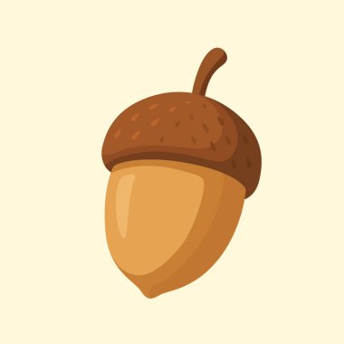 Düz vektör tarzında tek bir meşe palamudu tasviri. Sonbahar fındık tasarımı açık arkaplanda izole edilmiş sıcak doğal renklerle.