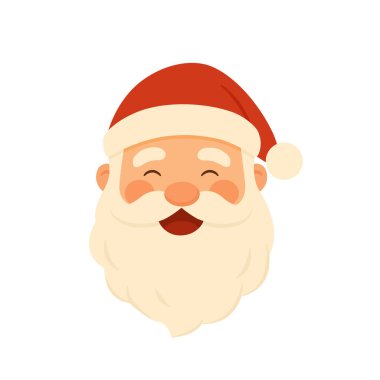 Mutlu bir gülümsemeyle Noel Baba 'nın düz bir resmi. Tatil tasarımı, tebrik kartları, afişler, posterler mevsimlik markalar, ambalajlar ve neşeli şenlikli dekorasyonlar için uygundur..