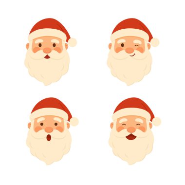 Dört Noel Baba seti farklı duyguları olan düz bir şekilde resimlerle karşılaşıyor. Tatil tasarımı projeleri, mevsimlik markalaşma, tebrik kartları, afişler, afişler, sosyal medya içeriği, ambalajlama ve şenlikli dekorasyonlar için uygundur.