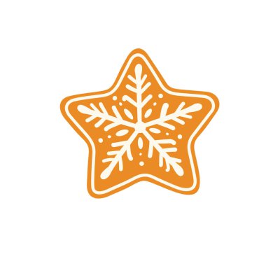 Yıldız şeklinde zencefilli kurabiye. Düz vektör şeklinde kar tanesi kreması süsüsüyle süslenmiş. Bu şenlikli kış kurabiyesi illüstrasyonu bayram tasarımları, tebrik kartları, hediye etiketleri, ambalaj kağıtları, etiketler, posterler için mükemmeldir.