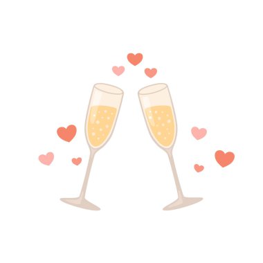 Kadeh kaldırmak için kaldırılan iki zarif şampanya kadehinin yumuşak kalp şekilleriyle çevrili olduğu romantik bir illüstrasyon. Bu sanat eseri aşkı, kutlamayı, romantizmi ve birlikte geçirdiğimiz özel anları sembolize ediyor. Sevgililer Günü tasarımları ve düğün için ideal.