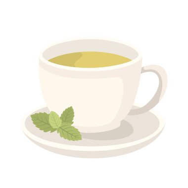 Daire üzerinde taze nane yapraklı bir çay fincanının düz vektör çizimi. Sanat eserleri rahatlamayla, sağlıkla ve sağlıklı yaşam tarzıyla ilişkili sıcak ve rahatlatıcı bir içeceği temsil ediyor. Yiyecek ve içecek tasarımında, kafe menülerinde ve çayda kullanılabilir