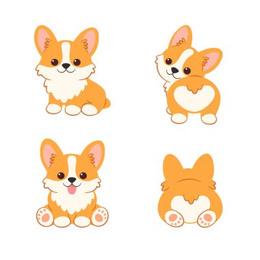 Pek çok pozda gösterilmiş sevimli çizgi film Corgi köpek yavrusu. Buna ön görüş, oturma ve arka görüş de dahil. Yumuşak renkleri ve basit şekilleri olan dost canlısı bir köpek karakteri. Bu oyuncu hayvan çizimi çocuk tasarımları ve tebrik kartları için uygundur.