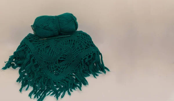 Tarafsız arkaplanda tığ işi kancası olan yeşil merino yününden örülmüş bir öğe, tığ işi dersleri, el işi ilhamı ve sosyal medya içeriği için mükemmel.