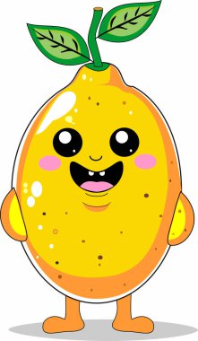 Beyaz arka planda izole edilmiş şirin bir limon çizgi karakterinin vektör çizimi. Kocaman gülümseyen ve yeşil yapraklı mutlu sarı turunçgil maskotu. Kawaii tarzı çocuklar için sağlıklı gıda ikonu, yaz çıkartmaları, limonata tasarımı ve vitamin kavramları