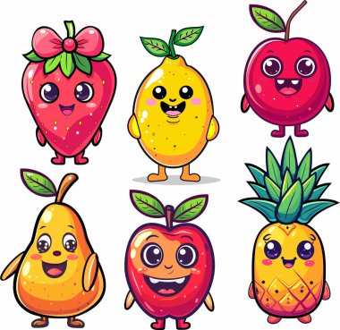 Beyaz üzerine izole edilmiş şirin çizgi film meyve vektörü. Mutlu kawaii maskotları: kiraz, çilek, ananas, armut, kırmızı elma, limon. Çocuklar, çıkartmalar, eğitim ve oyunlar için renkli sağlıklı yemek karakterleri