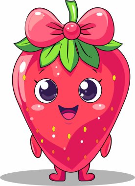 Beyaz arka planda izole edilmiş şirin bir çilek karakterinin vektör çizimi. Kocaman bir gülüşü ve kafasında pembe bir fiyongu olan mutlu kırmızı dut maskotu. Kawaii tarzı çocuklar için sağlıklı yemek ikonu, yaz çıkartmaları, tatlı tasarımı ve kız tişörtü baskısı.