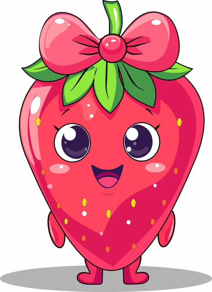 Beyaz arka planda izole edilmiş şirin bir çilek karakterinin vektör çizimi. Kocaman bir gülüşü ve kafasında pembe bir fiyongu olan mutlu kırmızı dut maskotu. Kawaii tarzı çocuklar için sağlıklı yemek ikonu, yaz çıkartmaları, tatlı tasarımı ve kız tişörtü baskısı.