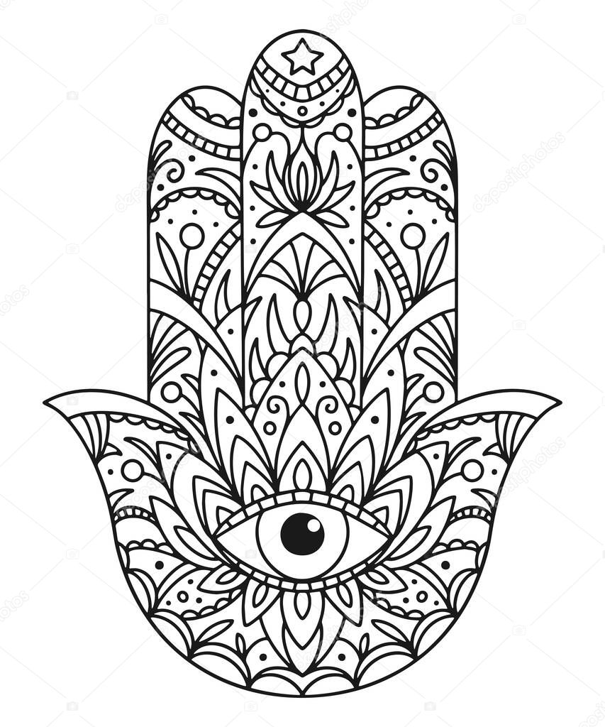 Vector illustration. Black and white coloring with hamsa