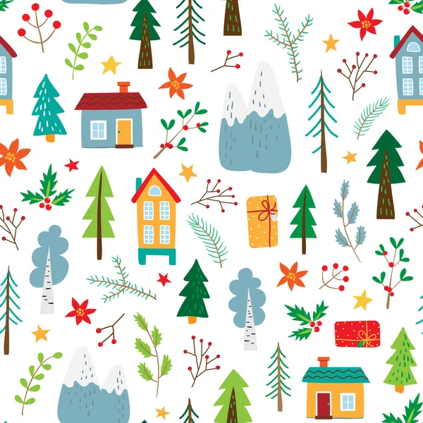 お祝いのデザインのための素朴なベクトルイラストとクリスマスシームレスパターン. — ストックベクタ