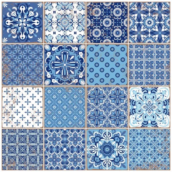 Traditional ornate portuguese tiles azulejos. Vintage pattern for textile design. Geometric mosaic, majolica. — Stock Vector