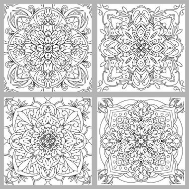 Vektör dekoratif süs seti. Döşeme deseni. Boyama sayfası. Doğrusal sanat.