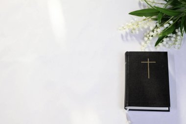 Pastel arka planda haçlı kutsal İncil ve Vadi Zambağı