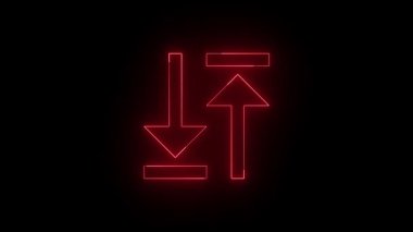 Red neon arrows upload download icons on black background