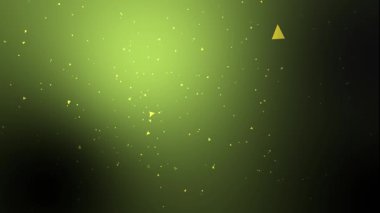 Yüzen sarı üçgenler ve ince ışık efektleriyle soyut yeşil eğimli arkaplan
