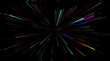 Siyah arkaplanda merkezi bir noktadan uzaklaşan soyut renkli ışık çizgileri