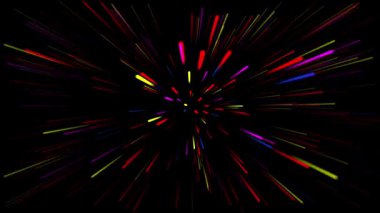 Karanlık bir merkezden dışarı fışkıran soyut renkli ışık çizgileri dinamik bir hareket etkisi yaratıyor.