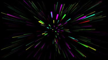 Hipnotize edici soyut hareket grafikleri. Renkli ışık çizgileri siyah arkaplan üzerinde dışa doğru patlıyor.