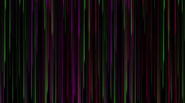 Siyah arkaplanda neon yeşil ve mor parıltılı soyut dikey çizgiler animasyonu