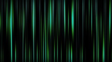Koyu arkaplanda parlayan yeşil ve cyan ışık çizgileri içeren soyut dikey çizgiler