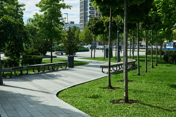 Asfaltlı yürüyüş yolu, yemyeşil çimenler ve sıra sıra genç ağaçların bulunduğu modern bir halk parkının manzarası. Virajlı yol boyunca birkaç ahşap ve metal banklar var, dinlenmek için huzurlu bir yer sunuyorlar.. 