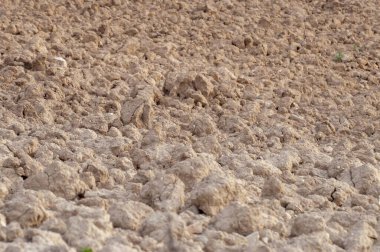 Kırık toprak dokusuna sahip kuru toprak, tarımı, kuraklığı, sürdürülebilirliği ve doğal çiftçilik ve çevre döngüsünü sembolize ediyor..
