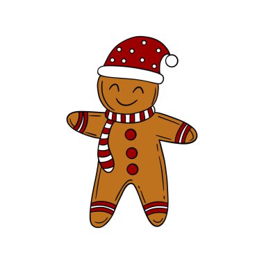 Cute gingerbread man in festive Christmas outfit with holiday decorations. Sweet winter illustration greeting cards, childrens designs, seasonal posters