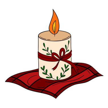 Festive Christmas candle with red ribbon and holiday decorations. Warm and cozy winter illustration. Traditional New Year symbol of light and celebration