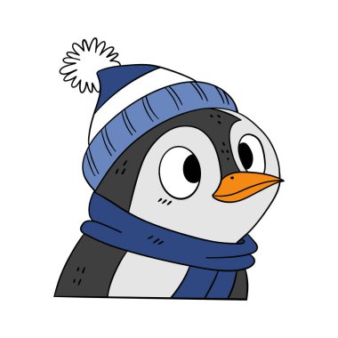 Bayram süslemeleriyle süslü şirin Noel penguenleri. Muhteşem kış illüstrasyon tebrik kartları, mevsimlik posterler, çocuk tasarımları, kartpostallar, klipsler.