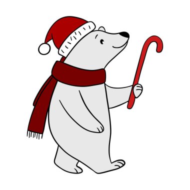Cute Christmas bear in festive outfit with holiday decorations. Adorable winter illustration