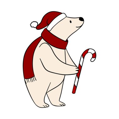 Cute Christmas bear in festive outfit with holiday decorations. Adorable winter illustration