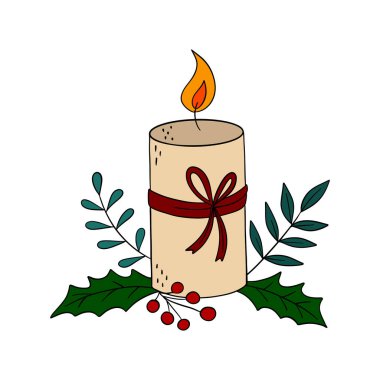 Festive Christmas candle with red ribbon and holiday decorations. Warm and cozy winter illustration. Traditional New Year symbol of light and celebration