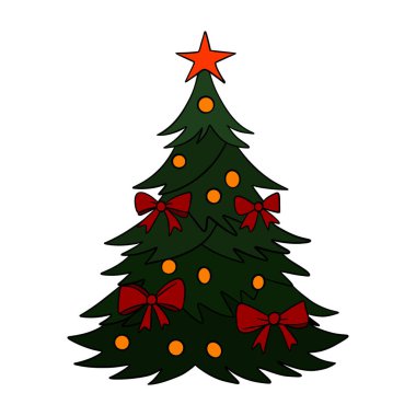 Christmas tree decorated with ornaments, baubles, ribbons, and shining star. Cozy holiday illustration winter celebration, New Year greeting cards, seasonal design, and festive decoration