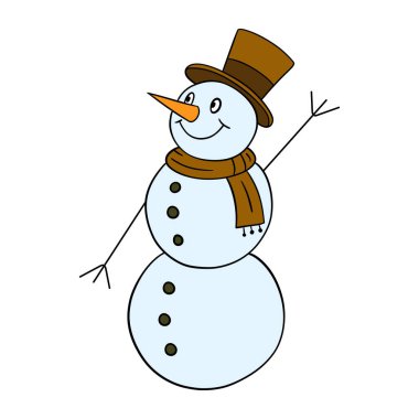 Funny, smiling andhappy winter outdoor snowman character with hat and scarf. Snow day playtime winter scene season. Activity for children element collection