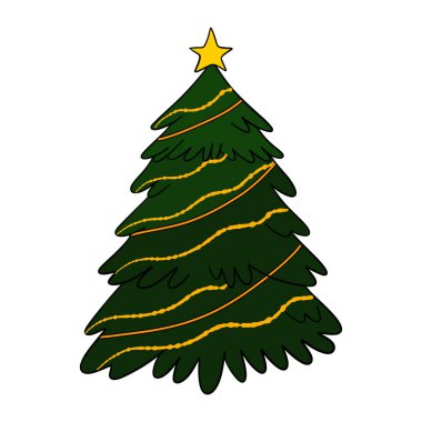 Christmas tree decorated with ornaments, baubles, ribbons, and shining star. Cozy holiday illustration winter celebration, New Year greeting cards, seasonal design, and festive decoration