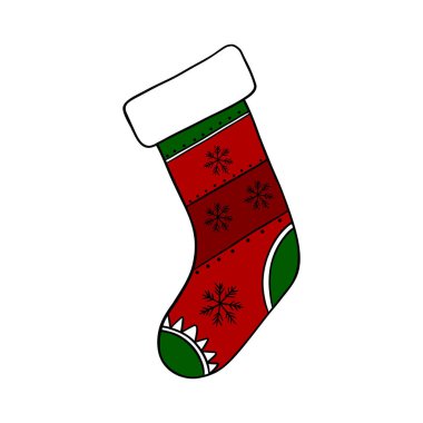 Christmas time eve. Santa Clauses sock for gifts and presents, gift bag decorative. Wintertime holidays. Festive fun and cute element collection