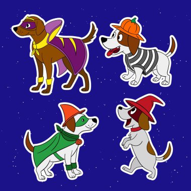 Hand-drawn cute Halloween dog puppy in costume stickers. Fantasy and mystical fairytale. Treats or tricks fantasy fairy tale