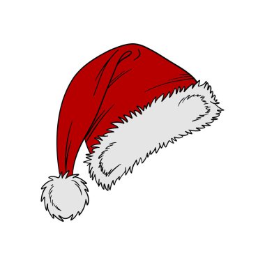 Santa Claus's Christmas Eve red hat accessory element collection. Winter holiday fur trim pom-pom cap beanie