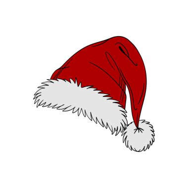 Santa Claus's Christmas Eve red hat accessory element collection. Winter holiday fur trim pom-pom cap beanie