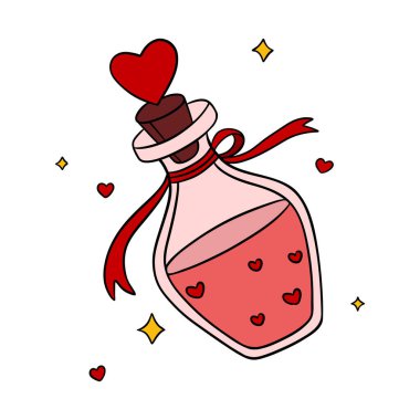 Çekici el yapımı sevgililer günü posteri. İçinde kalpler ve ışıltılarla dolu sihirli aşk iksiri şişesi var.