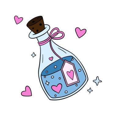Çekici el yapımı sevgililer günü posteri. İçinde kalpler ve ışıltılarla dolu sihirli aşk iksiri şişesi var.