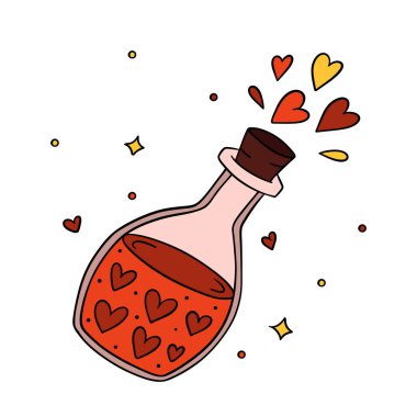 Çekici el yapımı sevgililer günü posteri. İçinde kalpler ve ışıltılarla dolu sihirli aşk iksiri şişesi var.