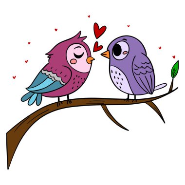 Sevimli el çizimi Sevgililer Günü posteri. İçinde iki tatlı aşk kuşu var. Kalpleriyle dalda oturuyor.