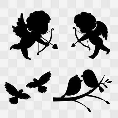 Şeffaf bir arkaplanda sevgililer günü romantik gölge unsurlarının zarif el çizimleri.