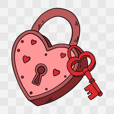 Aşkın ve şeffaf arkaplanda sevgililer gününün kalp şeklindeki kilit sembolünün el çizimi.