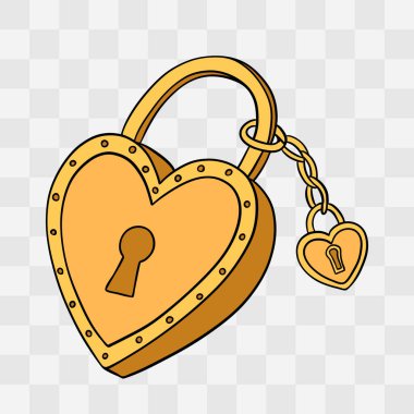 Aşkın ve şeffaf arkaplanda sevgililer gününün kalp şeklindeki kilit sembolünün el çizimi.