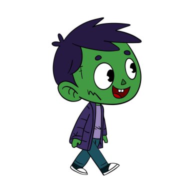 Büyülü bir Cadılar Bayramı. Şirin zombi çizgi film maske kostümü. Mutlu ve gülümseyen yeşil deri canavarı. Satır sanatı ögesi koleksiyonu